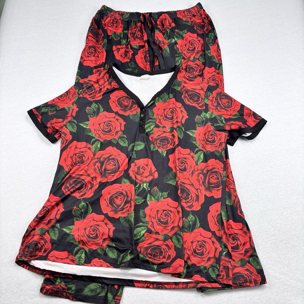 Shirley & Stone Pajama Set 2XL Black Red Rose Henley Top Pants